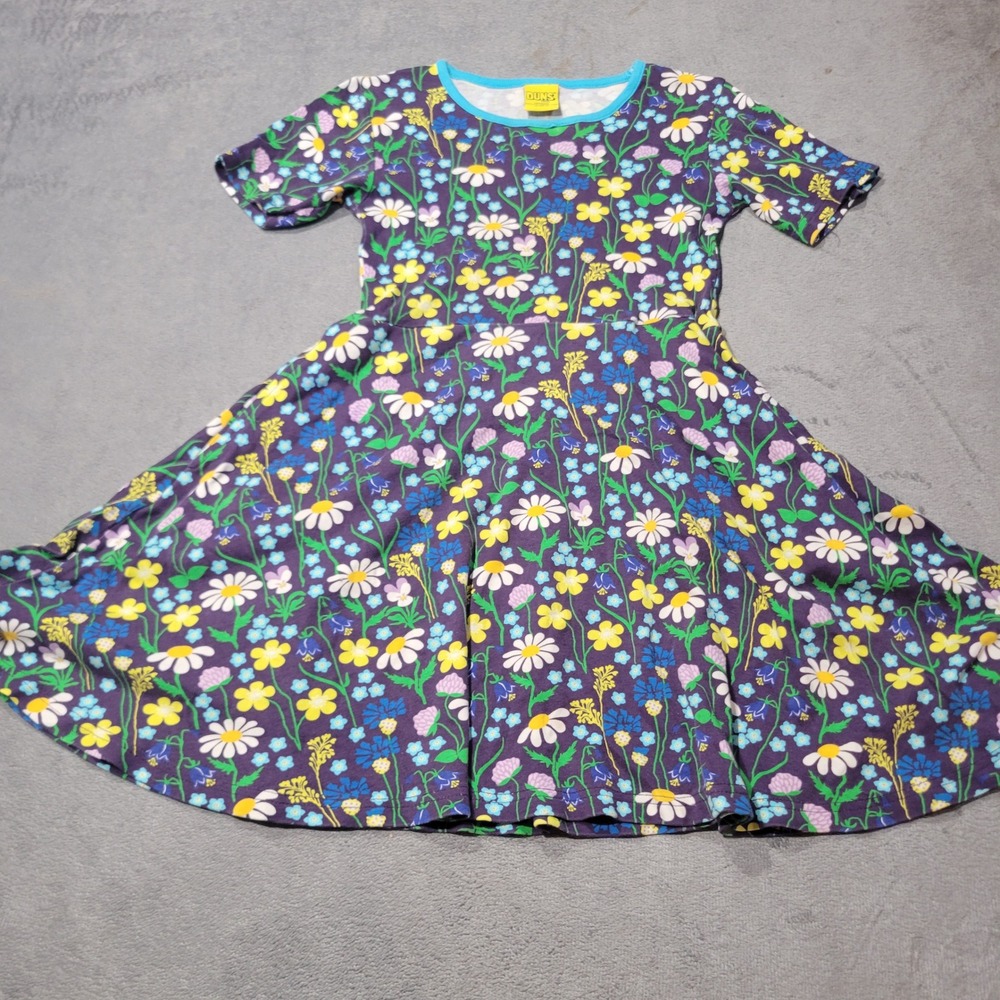 DUN Sweden Dress Girl 12 Purple Floral Organic Cotton Skater Short Sleeve Pocket